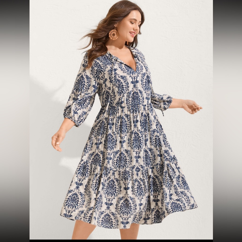 BloomChic Blue and White damask pattern dress.